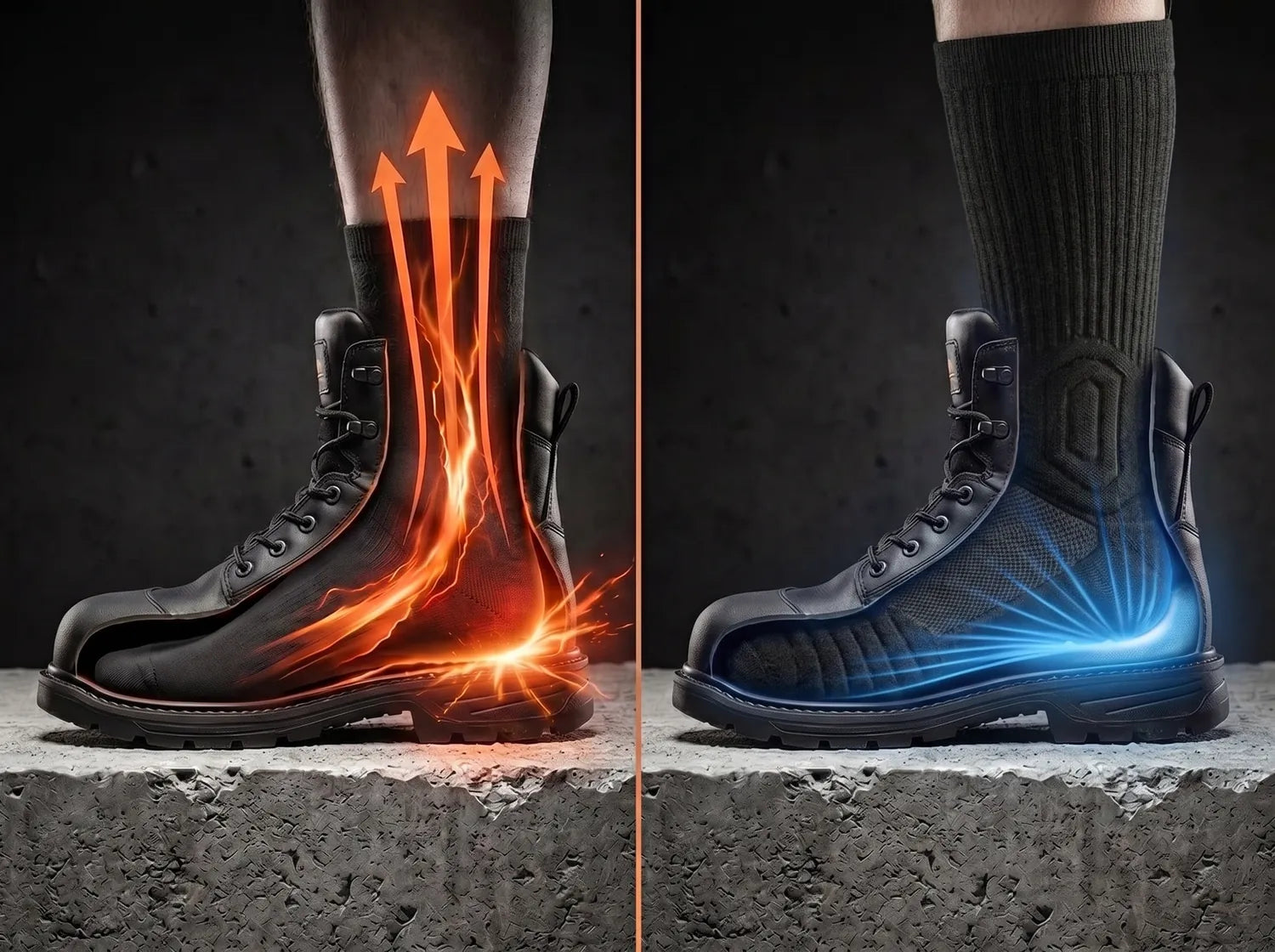 A regular sock against the SlabProof Knee High sock inside a work boot