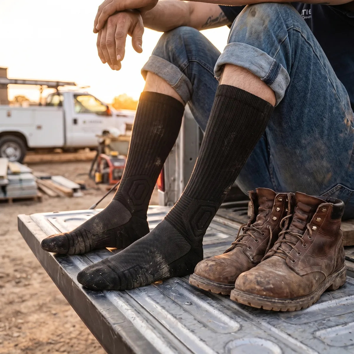 SlabProof Knee High work socks on a tradesman resting on a truck tailgate