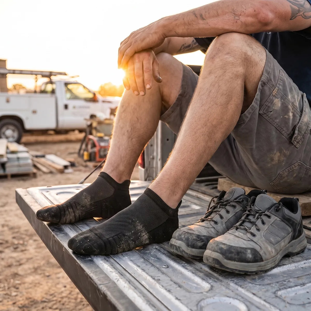 SlabProof Low Cut work socks on a tradesman resting on a truck tailgate, safety shoes beside him